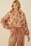 HY8800 Taupe Womens Floral Fruit Print Buttoned Bubble Hem Top Side