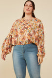 HY8800 Taupe Womens Floral Fruit Print Buttoned Bubble Hem Top Editorial