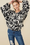 HY8805 Black Womens Monochrome Botanical Print Dolman Top Front