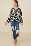 HY8805 Black Womens Monochrome Botanical Print Dolman Top Gif