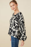 HY8805 Black Womens Monochrome Botanical Print Dolman Top Full Body