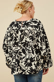 HY8805W Black Plus Monochrome Botanical Print Dolman Top Full Body