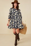 HY8813 Navy Womens Floral Print Tiered Cinch Sleeve Dress Gif