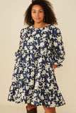 HY8813W Navy Plus Floral Print Tiered Cinch Sleeve Dress Front