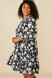 HY8813 Navy Womens Floral Print Tiered Cinch Sleeve Dress Back