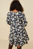 HY8813W Navy Plus Floral Print Tiered Cinch Sleeve Dress Gif