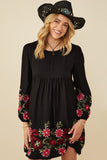 HY8814 Black Womens Embroidered Detail Long Sleeve Scoop Neck Dress Front