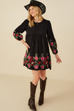 HY8814 Black Womens Embroidered Detail Long Sleeve Scoop Neck Dress Gif