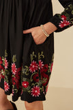 HY8814 Black Womens Embroidered Detail Long Sleeve Scoop Neck Dress Full Body