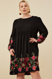 HY8814W Black Womens Embroidered Detail Long Sleeve Scoop Neck Dress Front