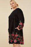 HY8814W Black Womens Embroidered Detail Long Sleeve Scoop Neck Dress Gif