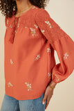 HY8822 Rust Womens Ditsy Embroidered Smock Detail Tassel Top Full Body