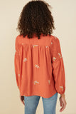 HY8822 Rust Womens Ditsy Embroidered Smock Detail Tassel Top Detail