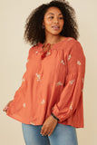 HY8822W Rust Plus Ditsy Embroidered Smock Detail Tassel Top Front