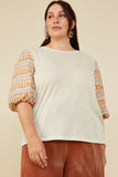 HY8846 Taupe Womens Contrast Knit Sleeve Textured Top Editorial