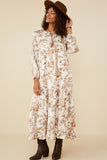 HY8853W Brown Womens Floral Print Ruffle Hem Tie Front Maxi Dress Pose