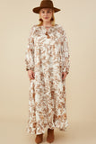 HY8853 Brown Womens Floral Print Ruffle Hem Tie Front Maxi Dress Side