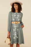 HY8859 Sage Womens Floral Embroidered Ruffle Hem Long Sleeve Dress Front