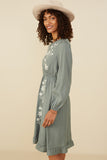 HY8859 Sage Womens Floral Embroidered Ruffle Hem Long Sleeve Dress Full Body