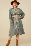 HY8859W Sage Plus Floral Embroidered Ruffle Hem Long Sleeve Dress Full Body