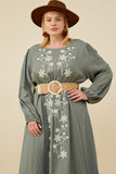 HY8859 Sage Womens Floral Embroidered Ruffle Hem Long Sleeve Dress Front 2