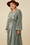 HY8859W Sage Plus Floral Embroidered Ruffle Hem Long Sleeve Dress Gif