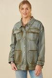 HY8865W Olive Plus Washed Patch Pocket Detail Chore Jacket Pose