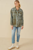 HY8865 Olive Womens Washed Patch Pocket Detail Chore Jacket Gif