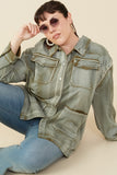 HY8865 Olive Womens Washed Patch Pocket Detail Chore Jacket Front