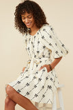 HY8870W Ivory Plus All Over Bow Print Belted Dress Front