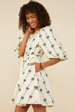 HY8870 Ivory Womens All Over Bow Print Belted Dress Full Body