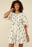 HY8870 Ivory Womens All Over Bow Print Belted Dress Back