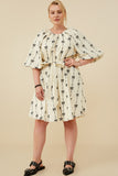 HY8870 Ivory Womens All Over Bow Print Belted Dress Front