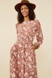 HY8874 Brick Womens Floral Burnout Textured Long Sleeve Maxi Dress Gif