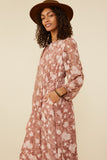 HY8874 Brick Womens Floral Burnout Textured Long Sleeve Maxi Dress Front