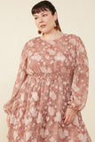 HY8874 Brick Womens Floral Burnout Textured Long Sleeve Maxi Dress Side