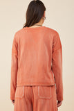 HY8889 Rust Womens Washed Chest Pocket Long Sleeve Knit T Shirt Full Body