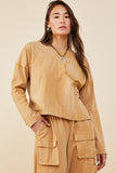 HY8889 Taupe Womens Washed Chest Pocket Long Sleeve Knit T Shirt Front