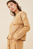 HY8889 Taupe Womens Washed Chest Pocket Long Sleeve Knit T Shirt Full Body