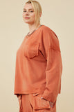 HY8889W Rust Womens Washed Chest Pocket Long Sleeve Knit T Shirt Full Body