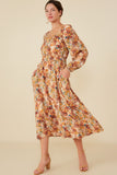 Floral Fruit Print Gathered Waist Dress