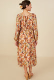 HY8899 Taupe Womens Floral Fruit Print Gathered Waist Dress Detail