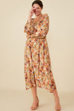 HY8899 Taupe Womens Floral Fruit Print Gathered Waist Dress Back