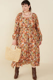 HY8899W Taupe Plus Floral Fruit Print Gathered Waist Dress Side