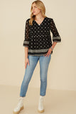 HY8910 Black Womens Tulip Sleeve Embroidered Border Top Gif