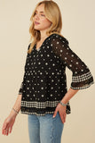 HY8910 Black Womens Tulip Sleeve Embroidered Border Top Full Body