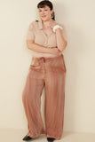 HY8917W Brown Plus Wide Leg Drawstring Waist Washed Tencel Pants Gif