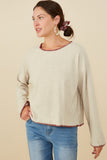 HY8921W Oatmeal Womens Brushed Contrast Stitch Long Sleeve Knit T Shirt Front