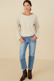 HY8921 Oatmeal Womens Brushed Contrast Stitch Long Sleeve Knit T Shirt Gif