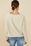 HY8921 Oatmeal Womens Brushed Contrast Stitch Long Sleeve Knit T Shirt Pose